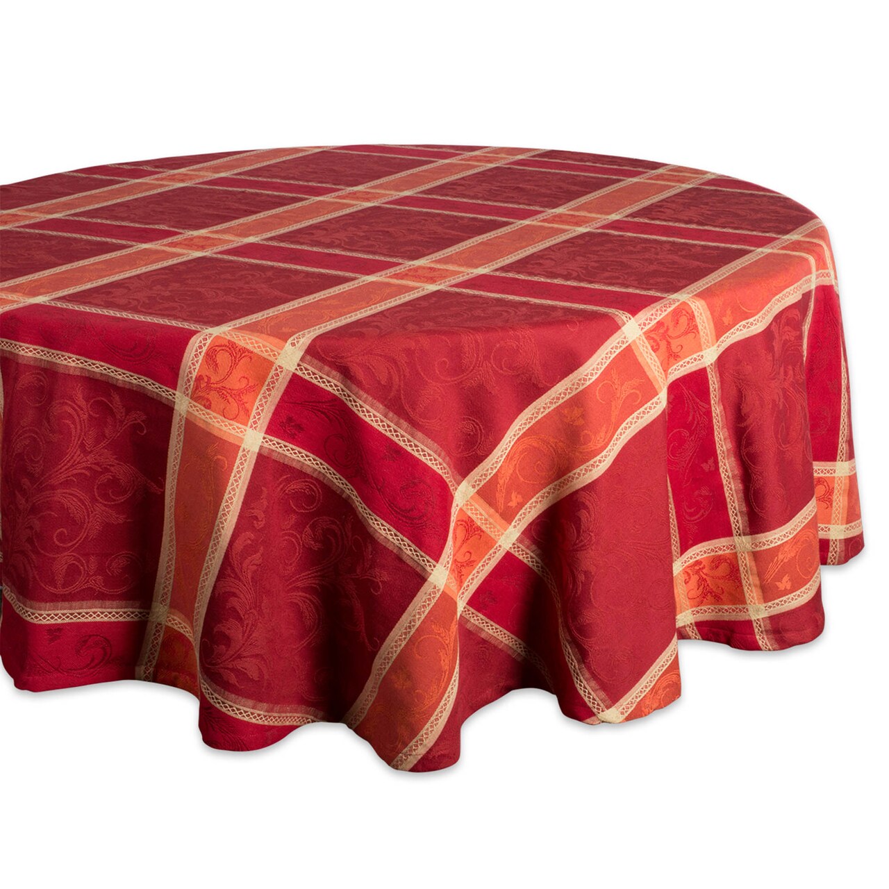 Contemporary Home Living Wide Check and Damask Round Cotton Tablecloth - 70" - Red and Orange